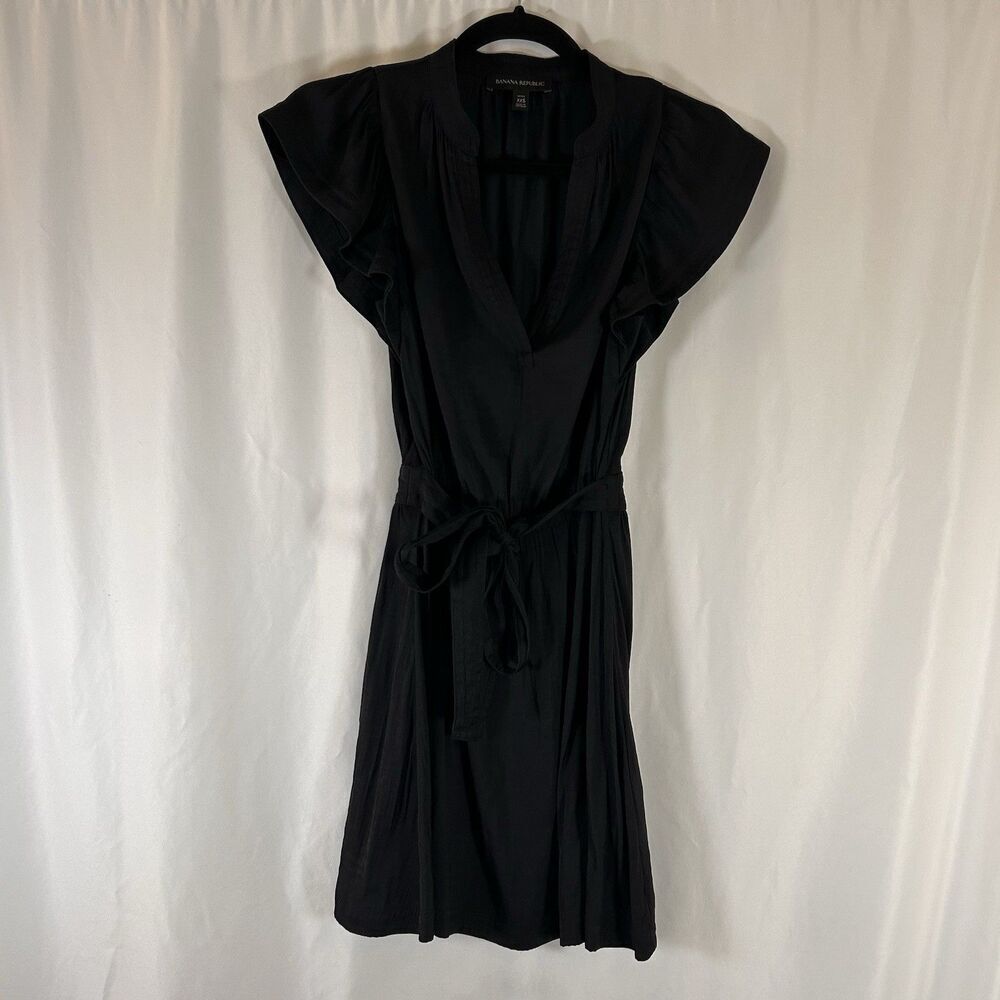 Banana Republic Mini Dress Women's XXS Petite Solid Black Vneck Tie Lightweight